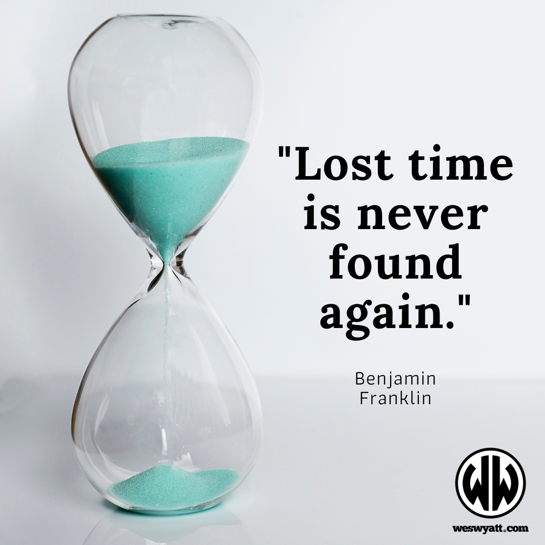 Wes Wyatt reflecting on a fitness journey and the importance of time, with motivational branding elements: 'New YOU Day!', 'Market YOU First!', and 'Have a DYNAMITE day!'.